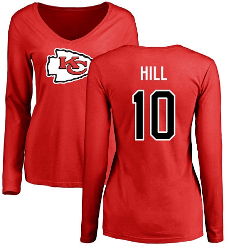 Women Football Kansas City Chiefs #10 Hill Tyreek Red Name and Number Logo Slim Fit Long Sleeve T-Shirt